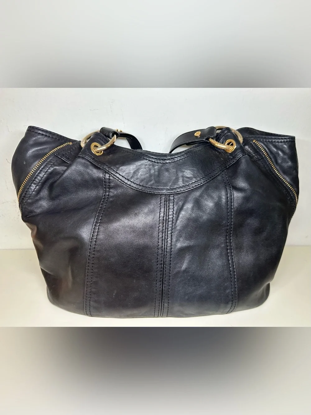 Michael Kors Black Leather Shoulder Bag with Gold-Tone MK Charm